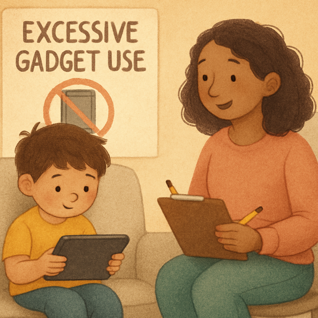 Child sitting on a couch staring at a tablet while unused toys lie nearby, illustrating excessive screen time.