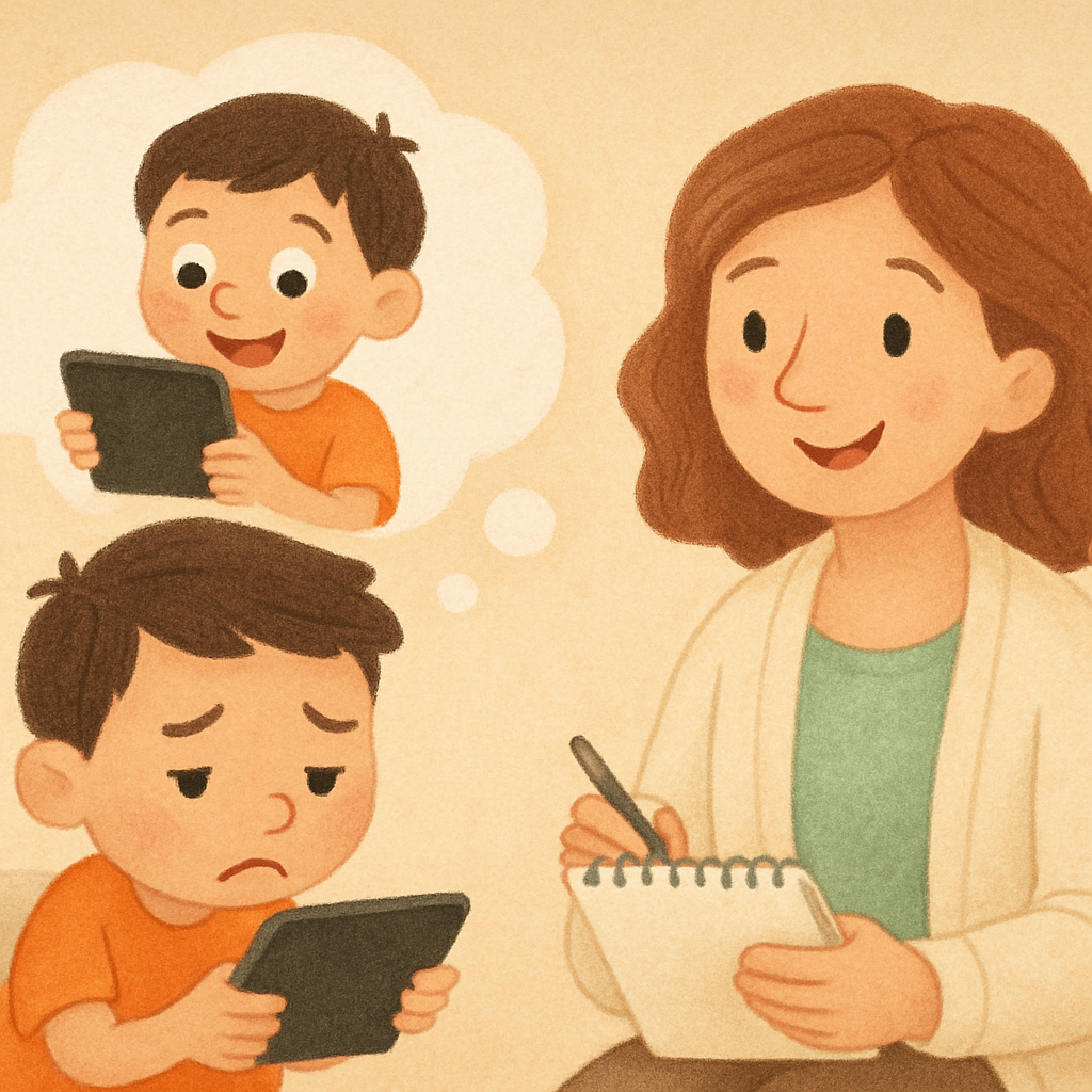 Therapist encouraging a child to put down a gadget and engage in face-to-face interaction.