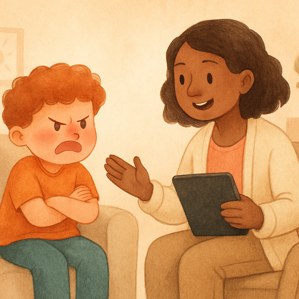 A young child frowning and crossing their arms while a tablet rests on a nearby table during a therapy session.