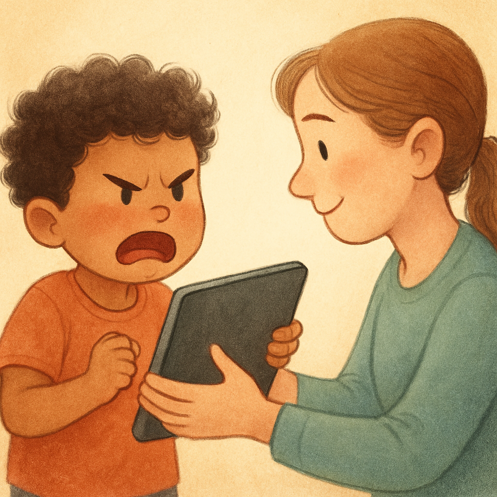 Child raising voice and clenching fists when a tablet is turned off.