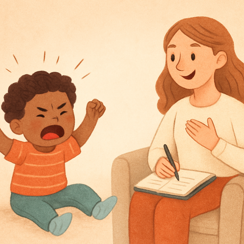 A therapist guiding an upset toddler through calming exercises after a tantrum.