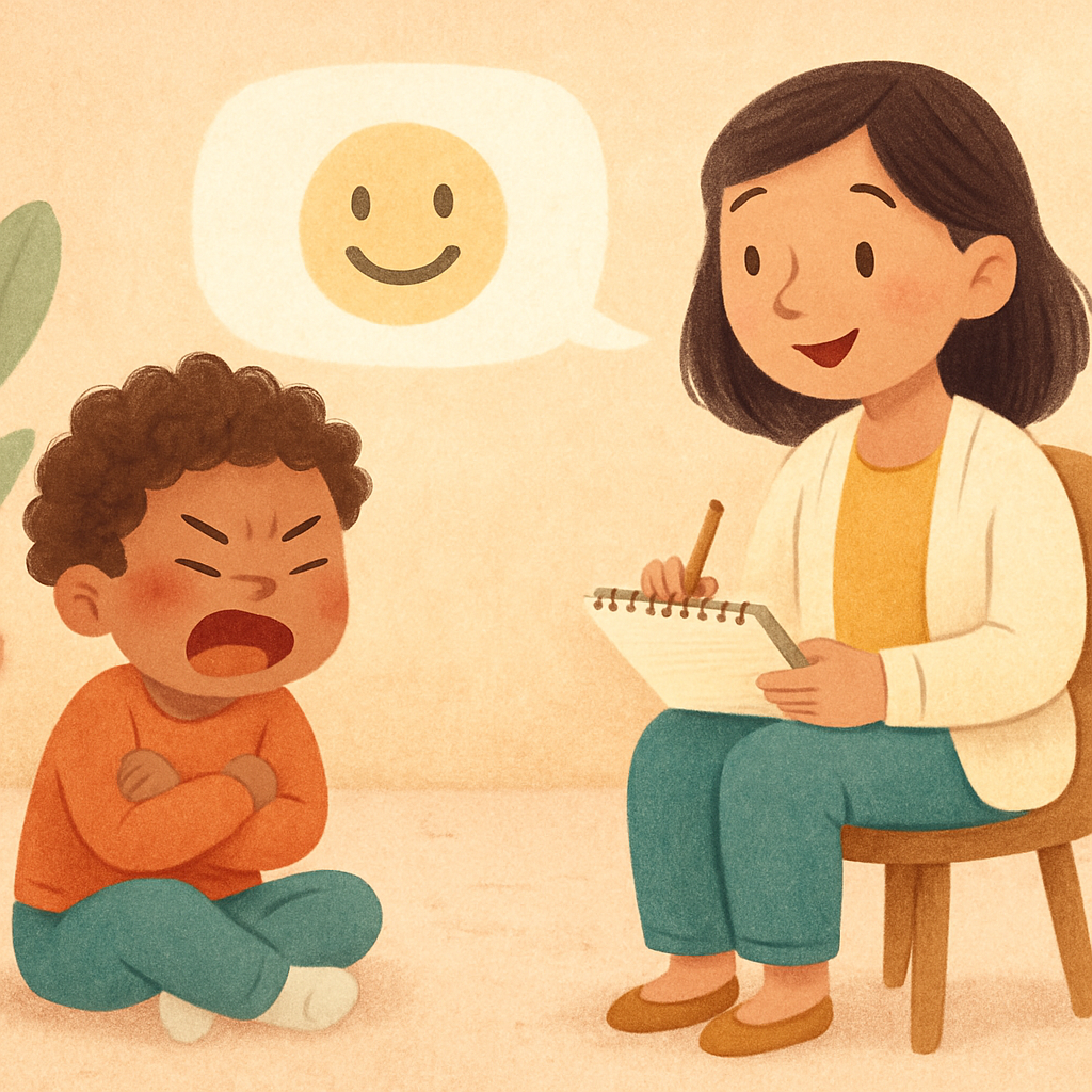 A therapist calmly talking with a child during a tantrum therapy session in a playroom.