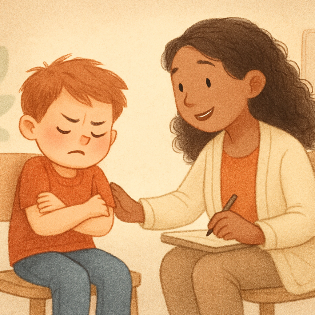 Therapist working one-on-one with a child to address challenging behaviors in a calm setting.