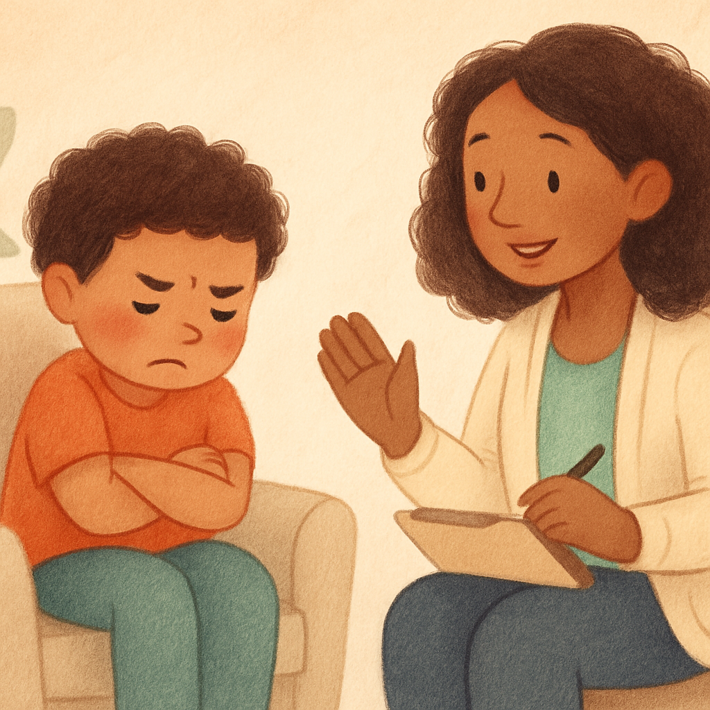 Therapist guiding a child through positive behavior strategies during a therapy session.