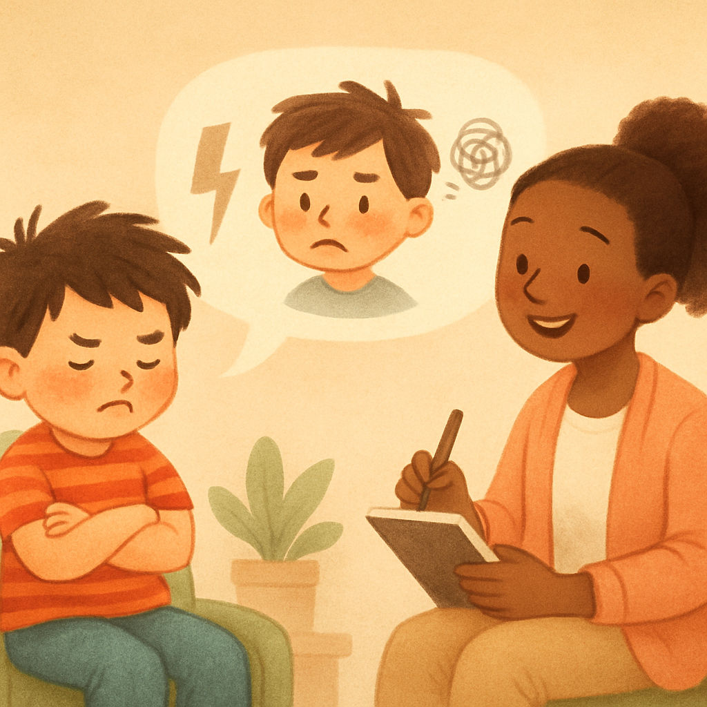 Therapist calmly guiding a child to address misbehavior during a therapy session