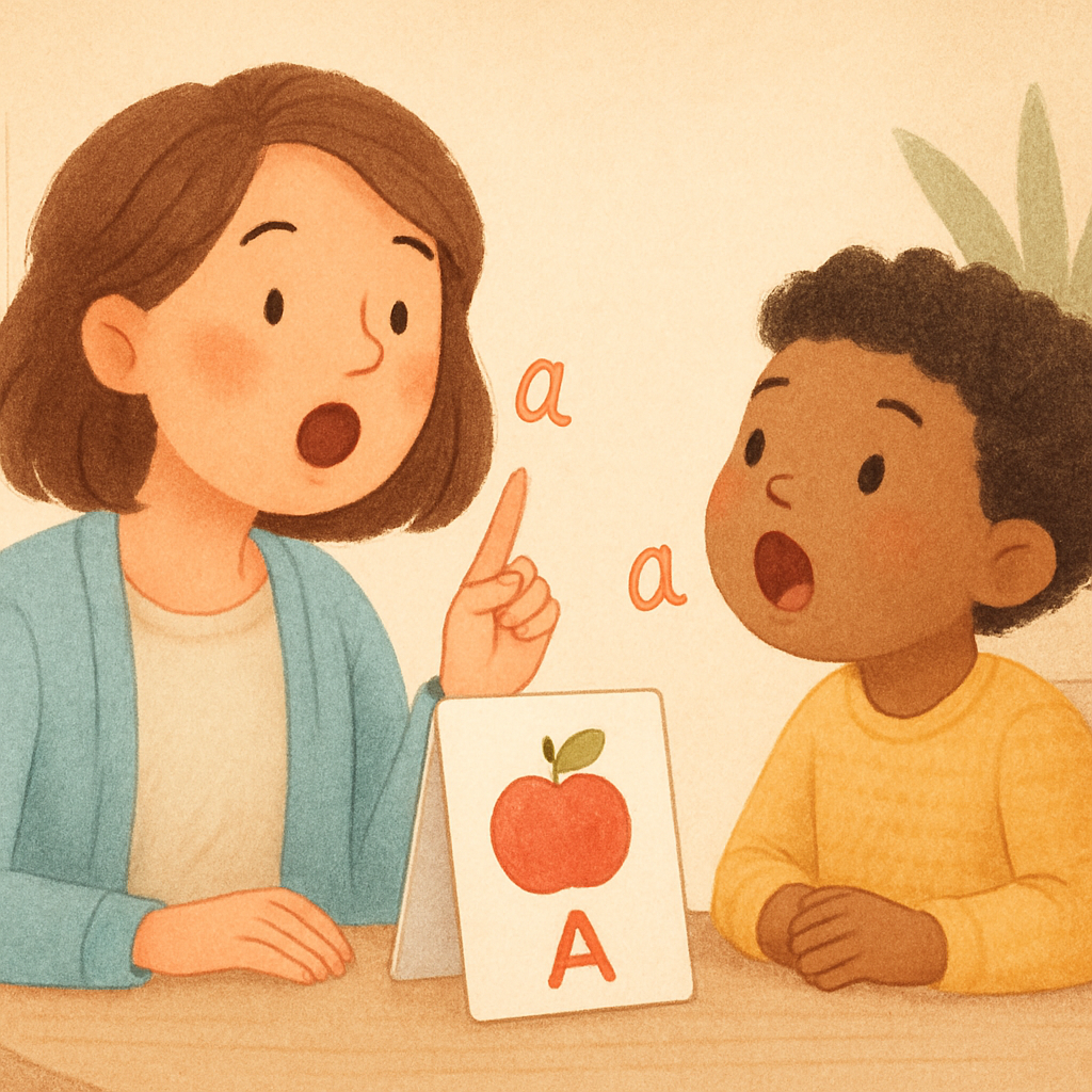 Therapist using flashcards to support a child’s speech development.