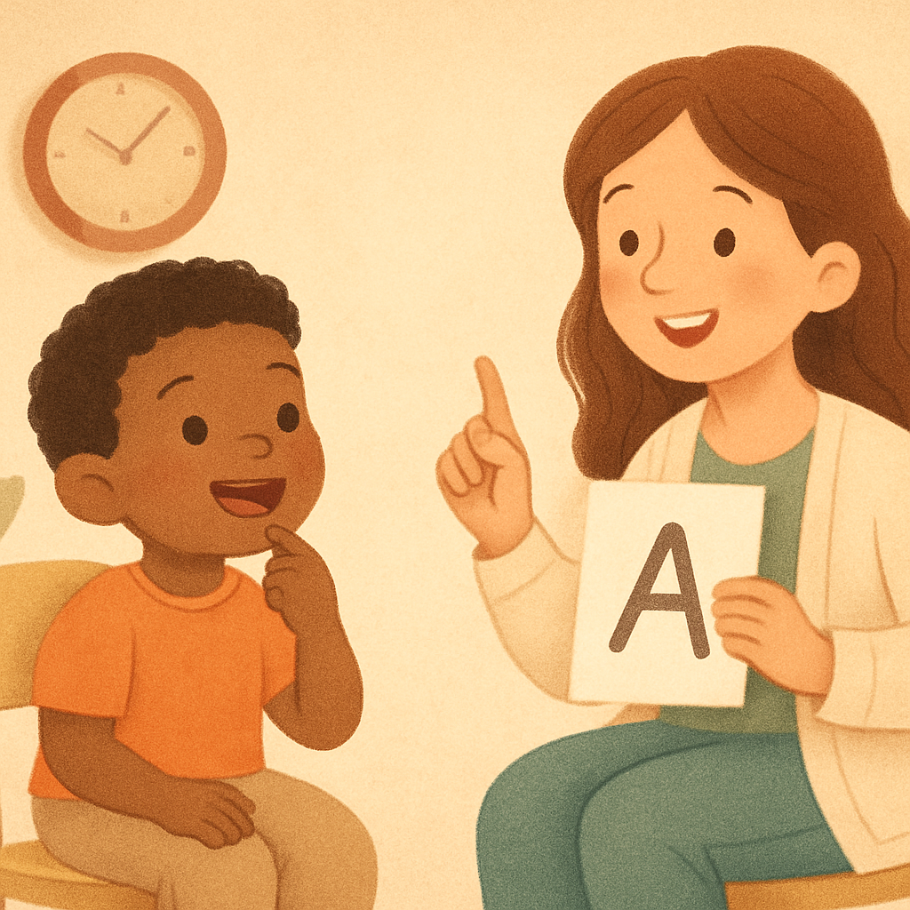 Child and therapist sitting at a table practicing sounds using flashcards.