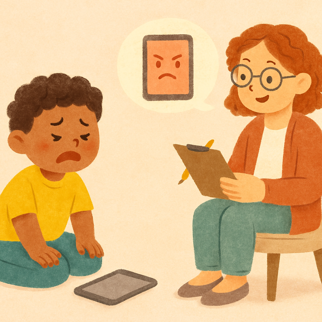 A child expressing emotions during therapy after spending too much time on gadgets.