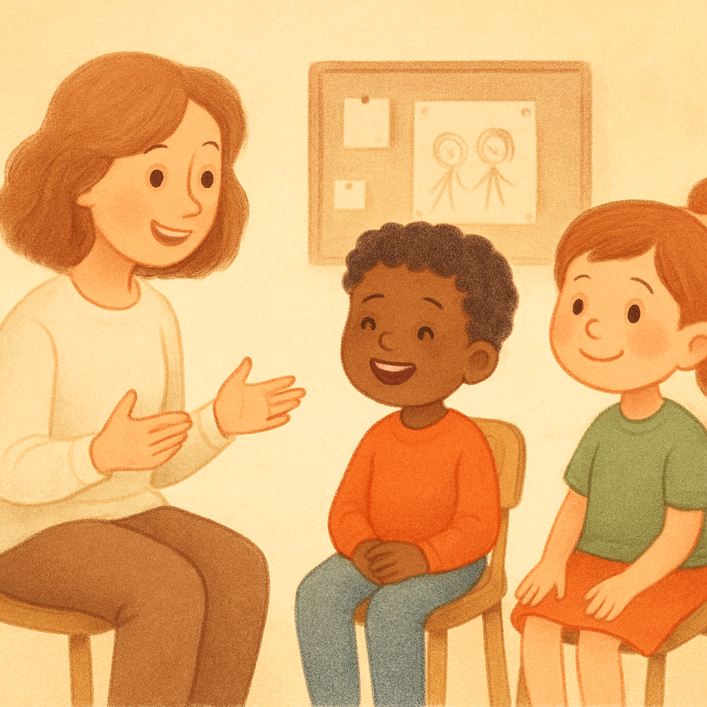 Therapist guiding a small group in practicing positive social behaviours