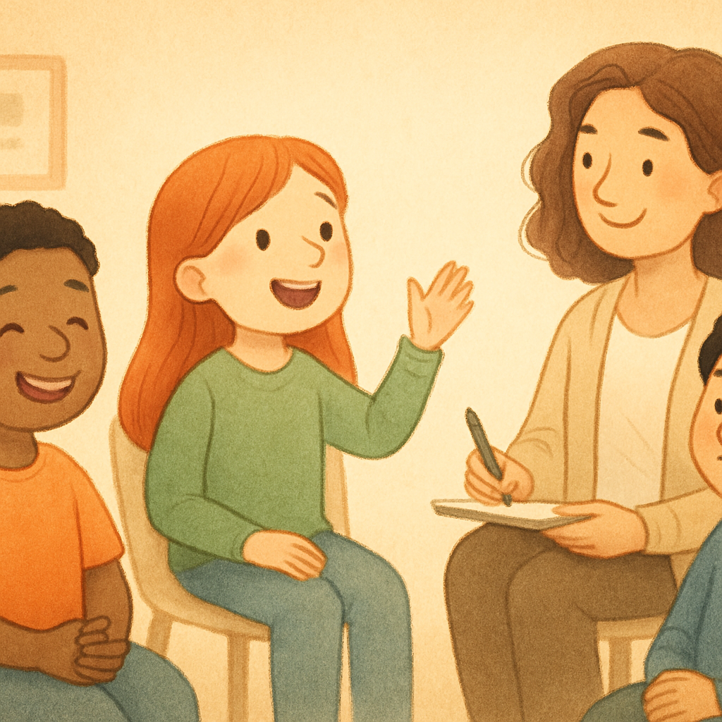 Group therapy session where participants practice positive social behaviours with guidance from a therapist.