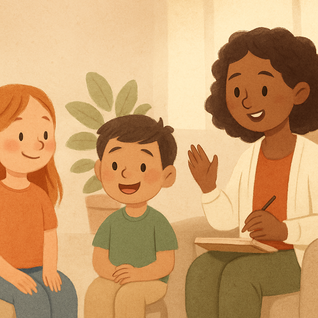 A therapist guiding a small group as they practice respectful conversation skills.