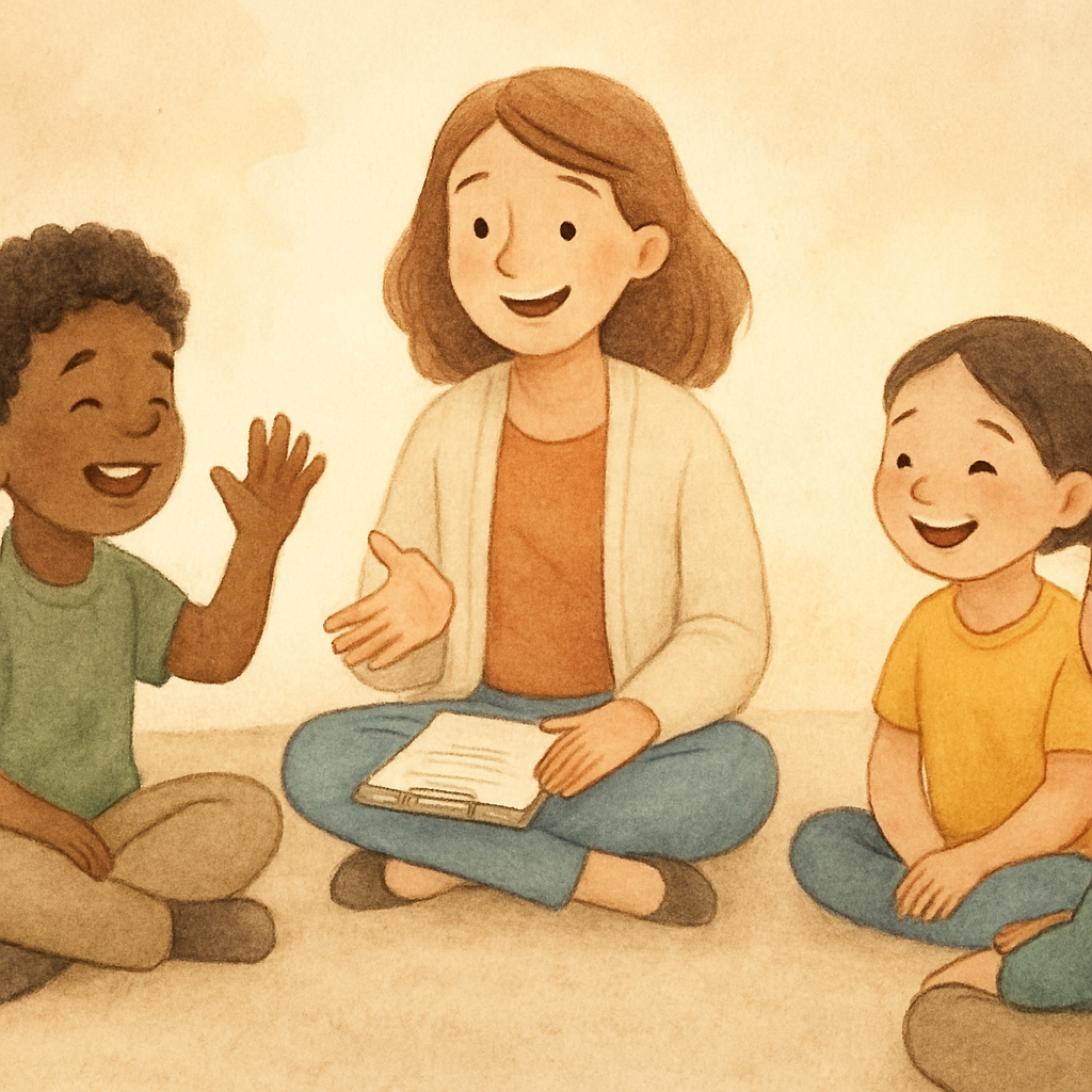 Therapist guiding a small group through a role-playing exercise to practice positive social interactions.