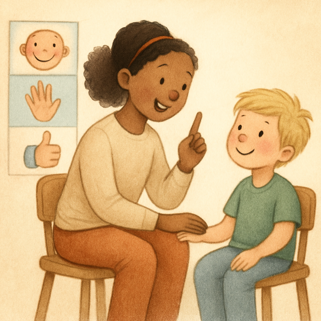 A child working one-on-one with a behaviour support specialist, using visual prompts to complete a task