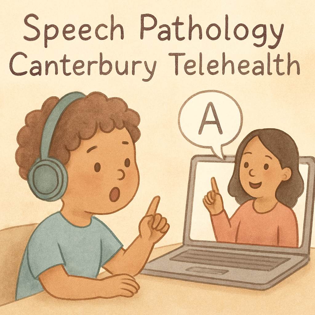 Speech therapist guiding a child through speech exercises during an online session.