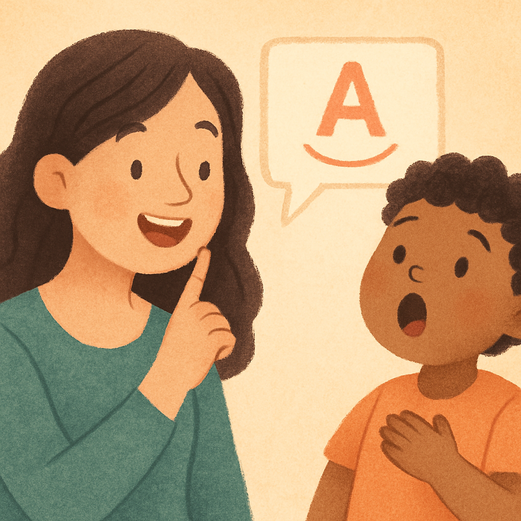 A speech pathologist working one-on-one with a child on speech sounds.