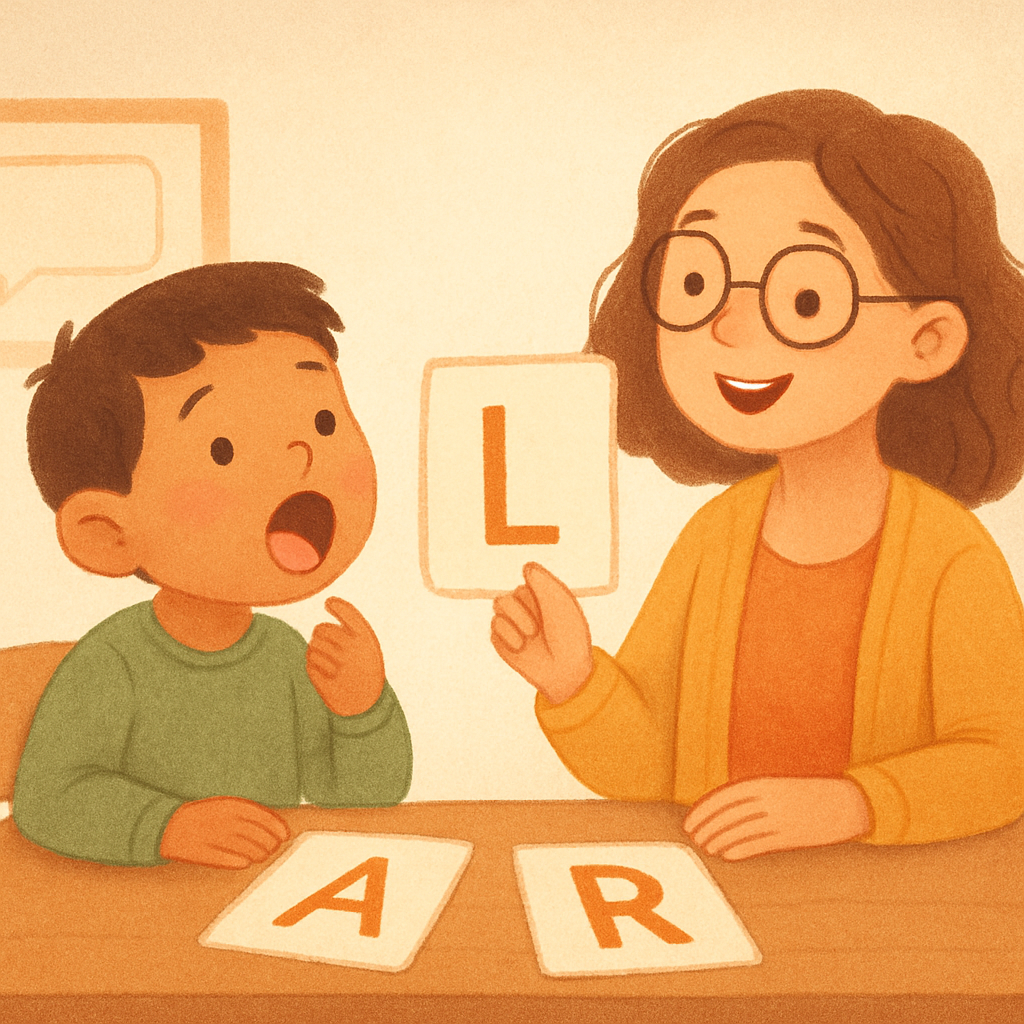 Speech therapist using picture cards to support language development.