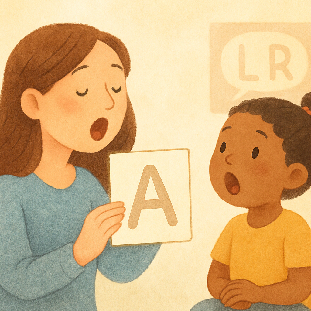 Speech therapist helping a child practice speech sounds using picture cards.