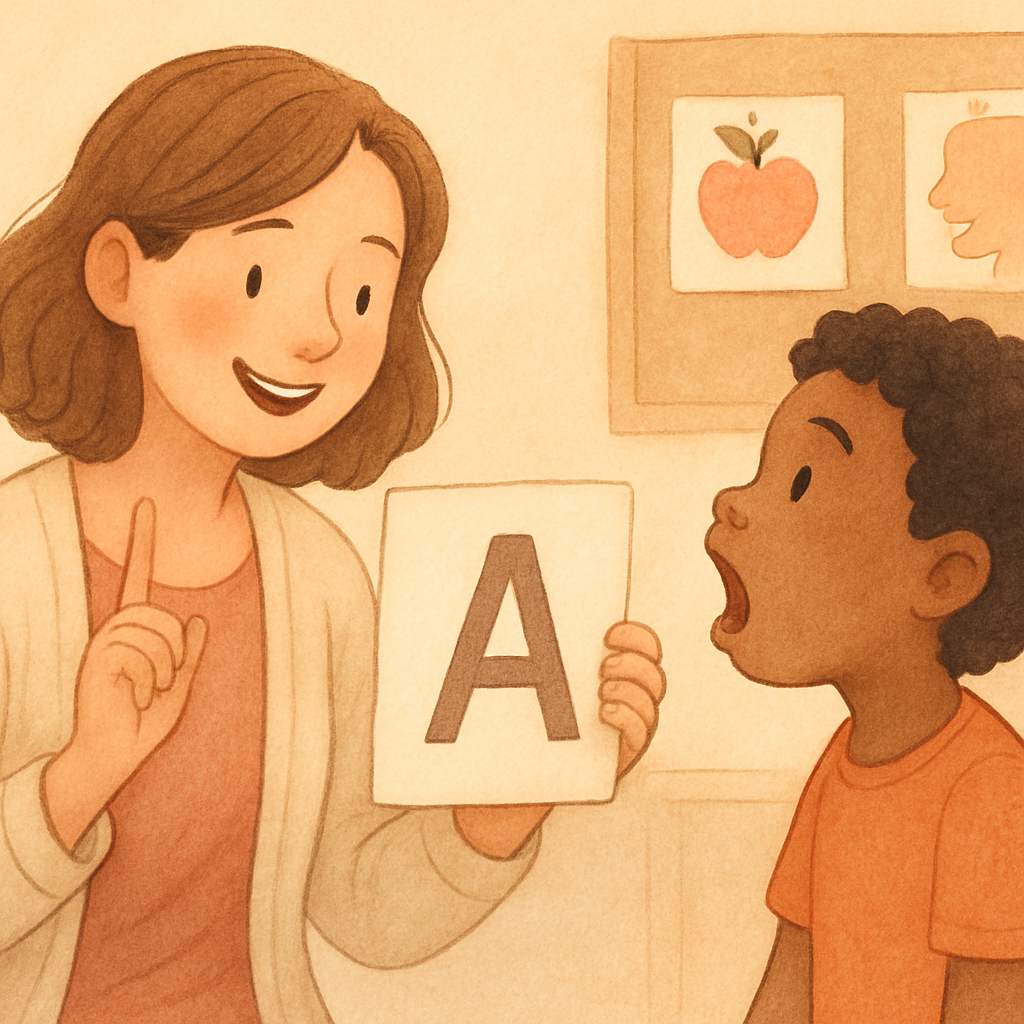 Child engaging in speech exercises in a therapy room.