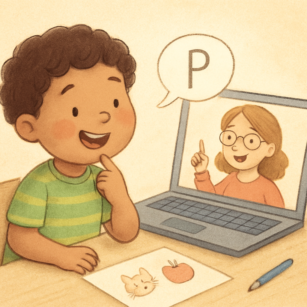 Child practicing pronunciation while watching a speech therapist on a tablet screen.