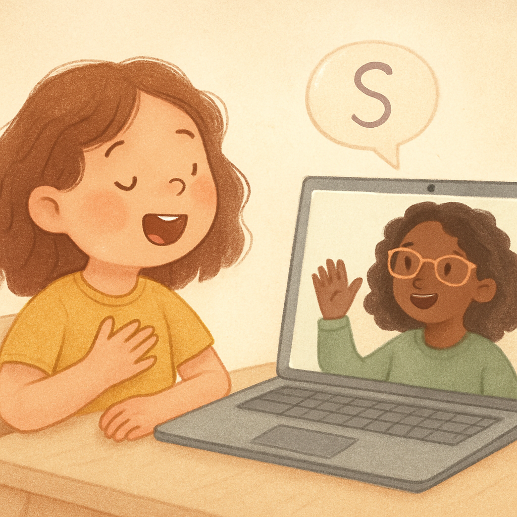 Speech therapist conducting a virtual therapy session with a child via video call on a laptop.