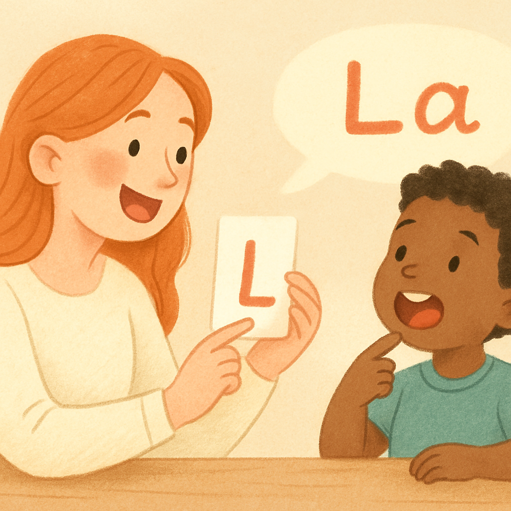 Speech therapist working one-on-one with a child using flashcards to practice sounds and words.