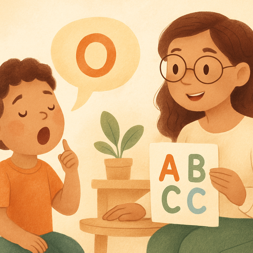 speech therapist working one-on-one with a child using picture cards to support communication.