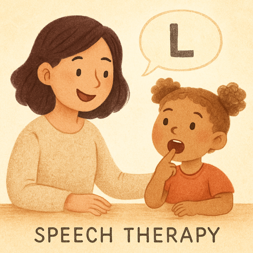Speech therapist encouraging a child to speak while pointing at picture prompts.