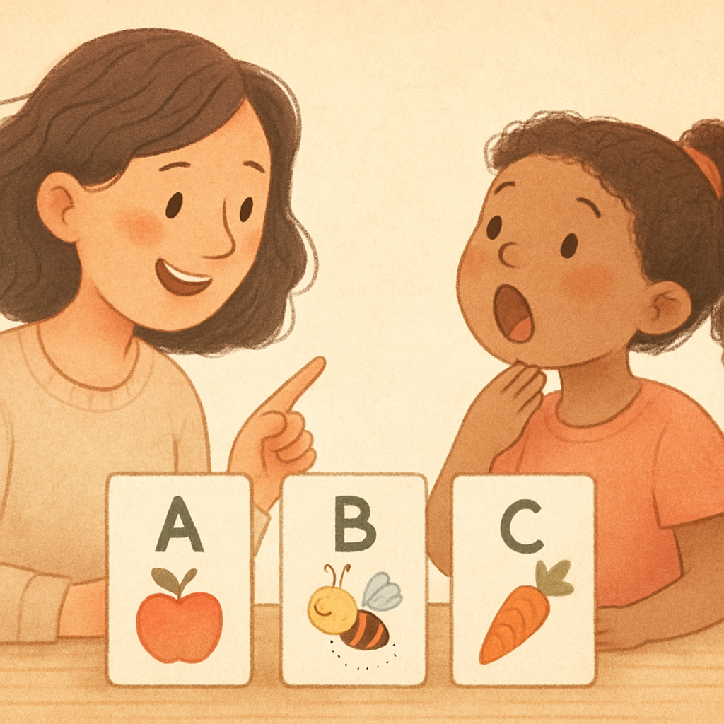 A speech-language pathologist using flashcards to help a child practice sounds and words.