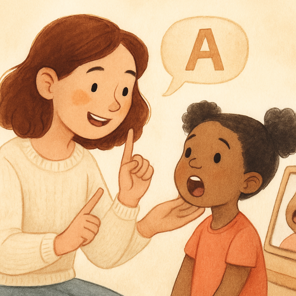 Speech therapist helping a child practice pronunciation using picture cards.