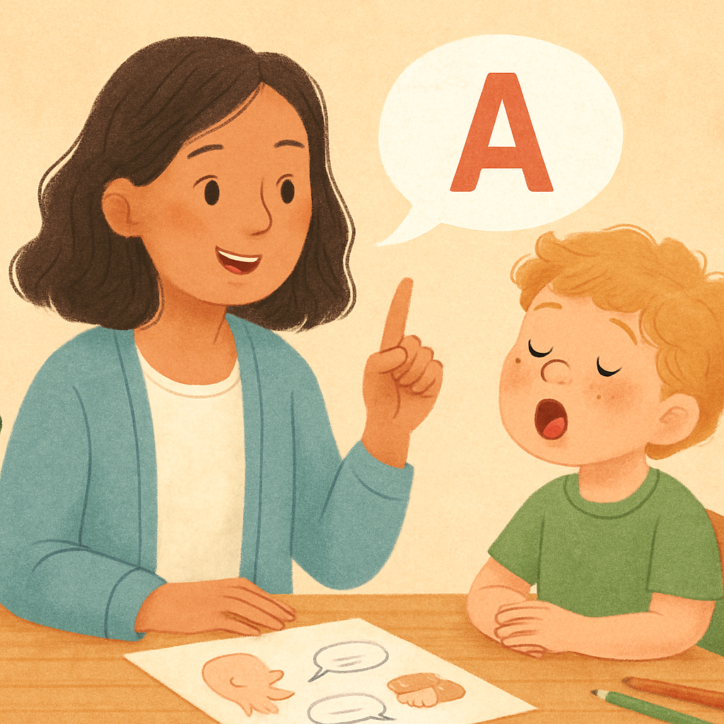 Speech pathology session in a clinic setting with communication resources.