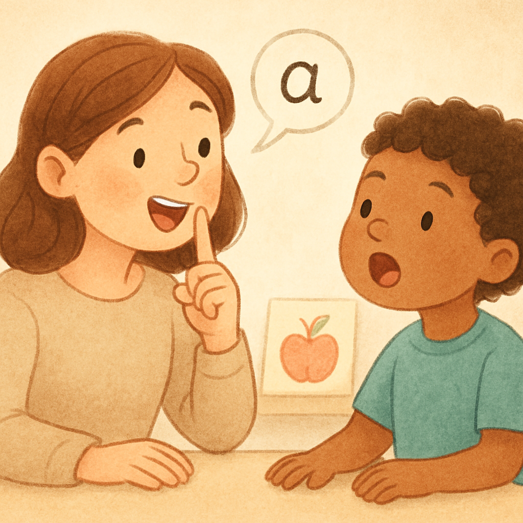 Speech therapist giving encouragement as a child practices speaking.