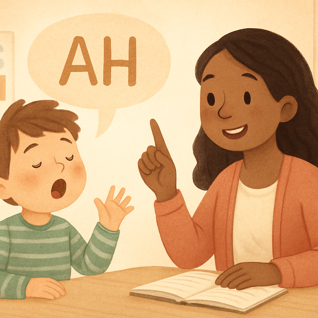 Speech therapist encouraging a child to speak while pointing at picture prompts.