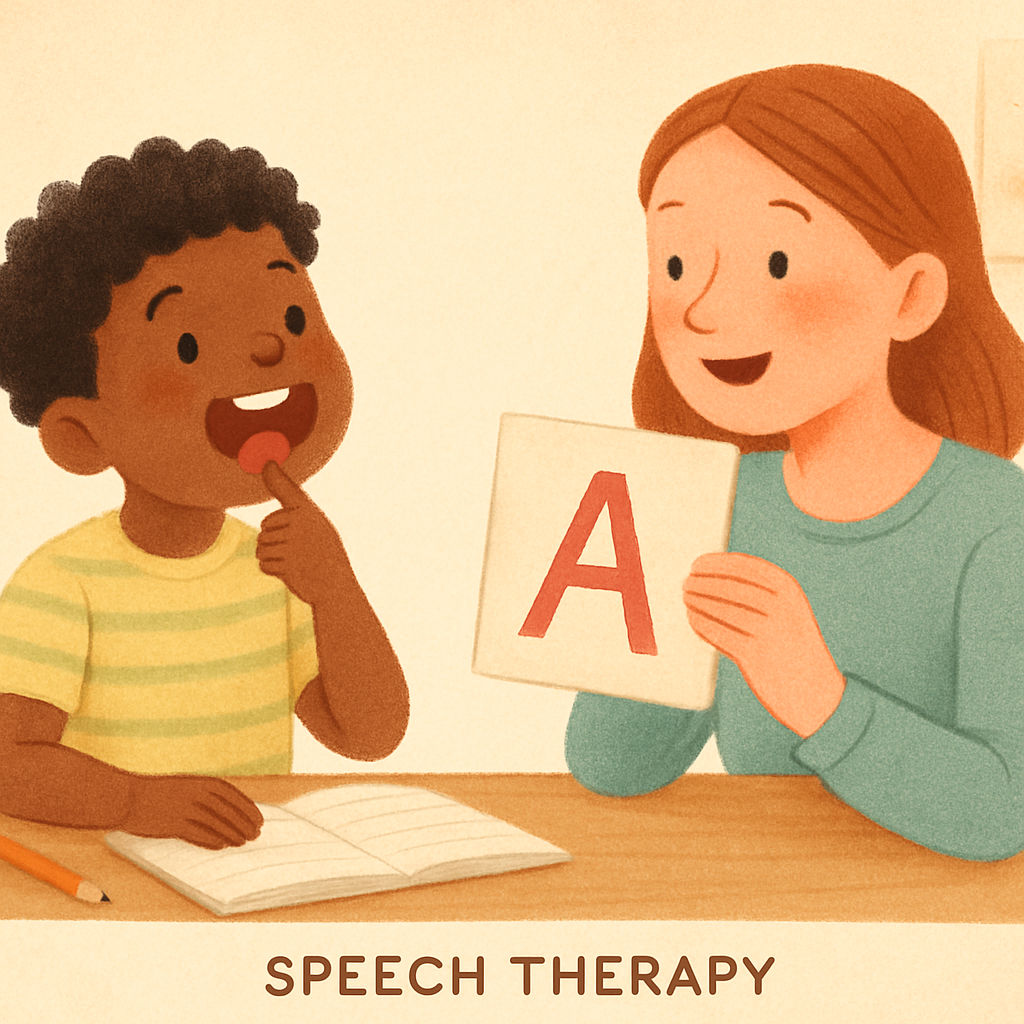 Speech therapist guiding an adult patient through vocal exercises in a therapy room.