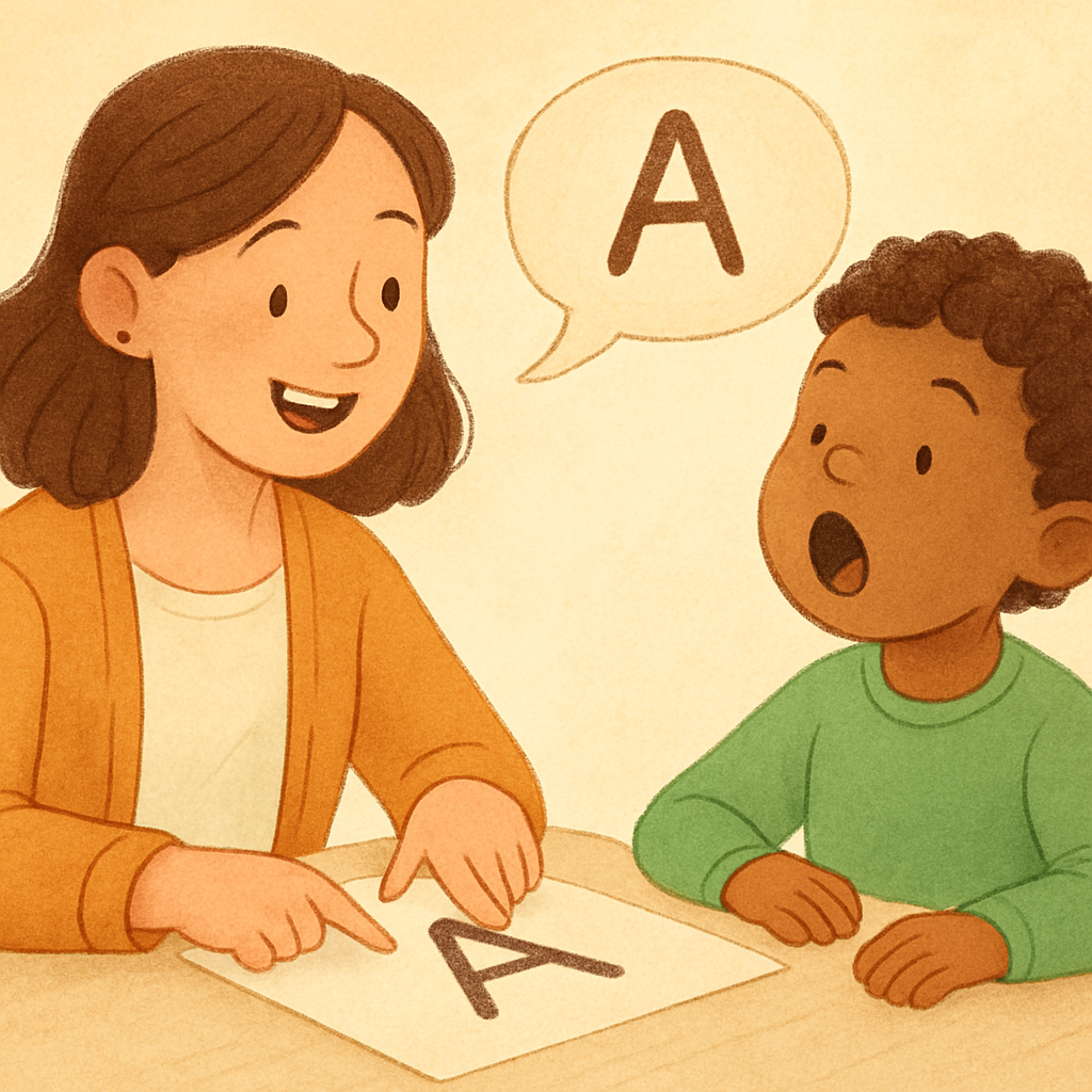 Speech therapist working one-on-one with a child using flashcards to practice sounds and words.