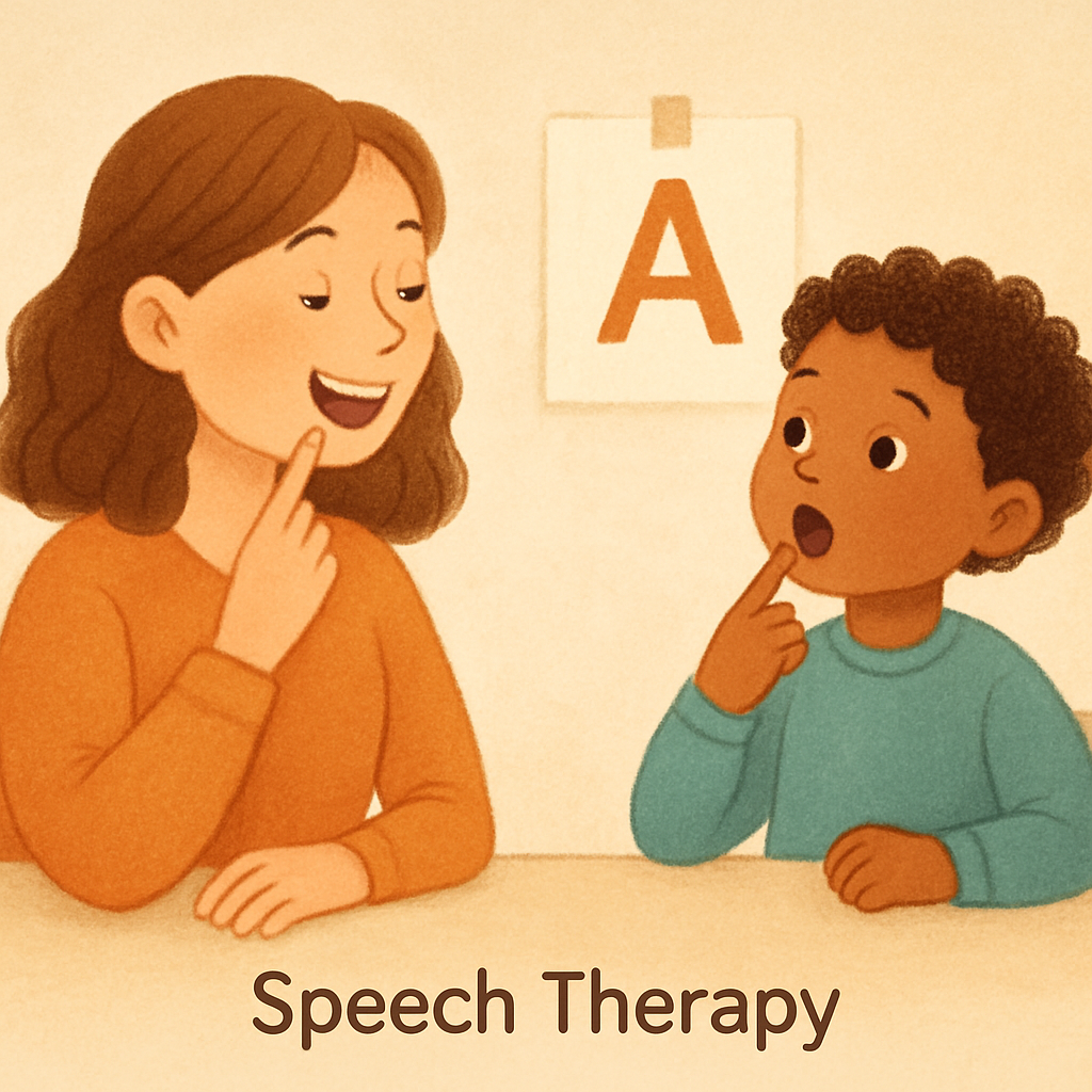 Therapist guiding a child through speech sound exercises.