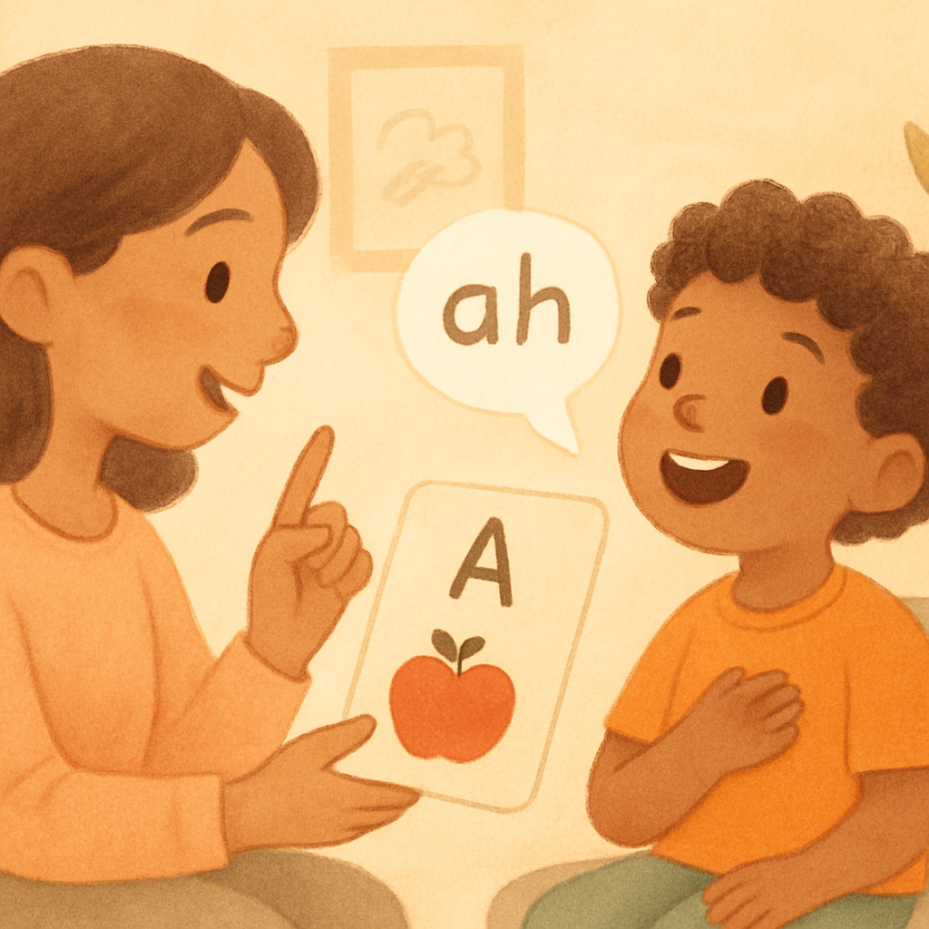 Speech-language pathologist using visual aids to support communication.