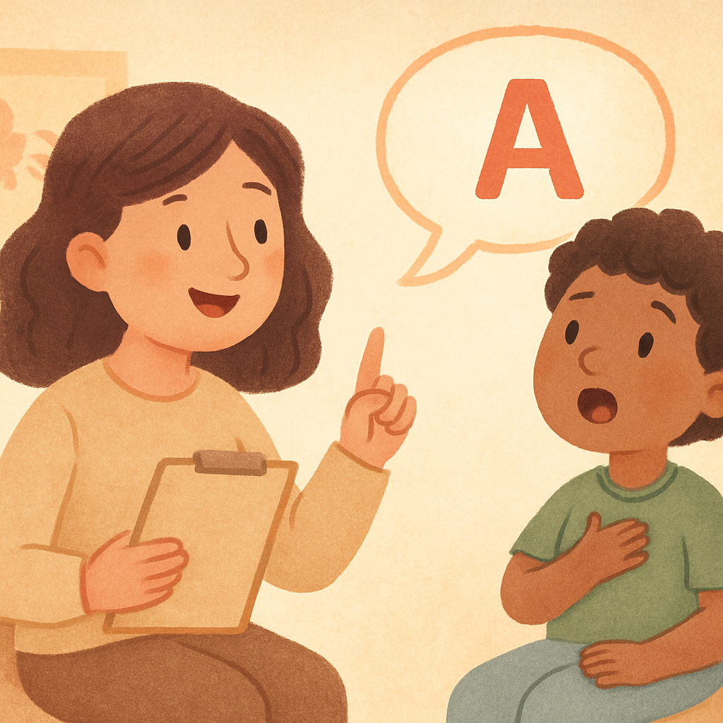 Speech therapist giving positive feedback to a child during a fun therapy activity.