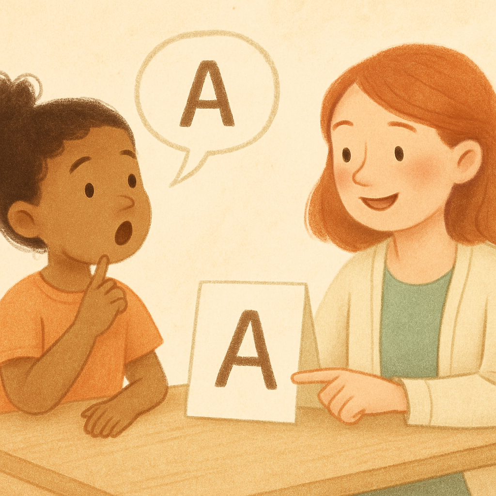 Speech therapist helping a young child practice sounds using colorful picture cards.