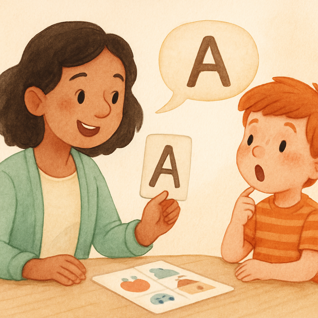 Speech therapist helping a young child practice pronunciation using picture cards in a clinic.