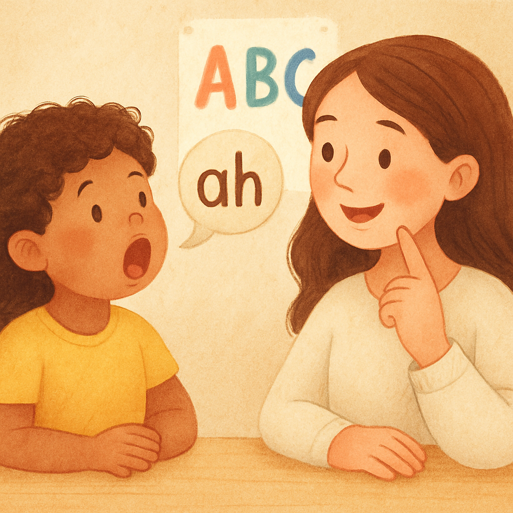 Speech-language pathologist encouraging a child during a fluency disorder therapy session.