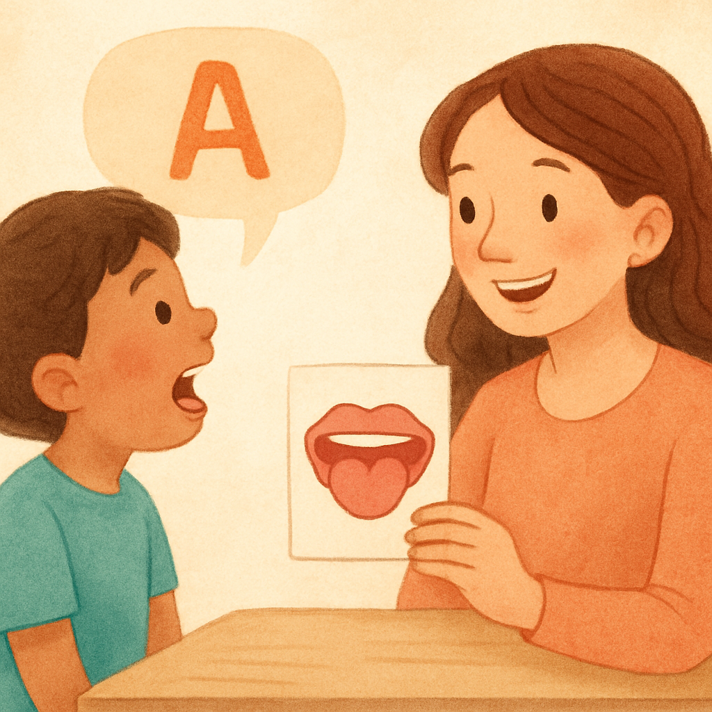 Speech therapist working with a child to practice smooth speech and fluency techniques.