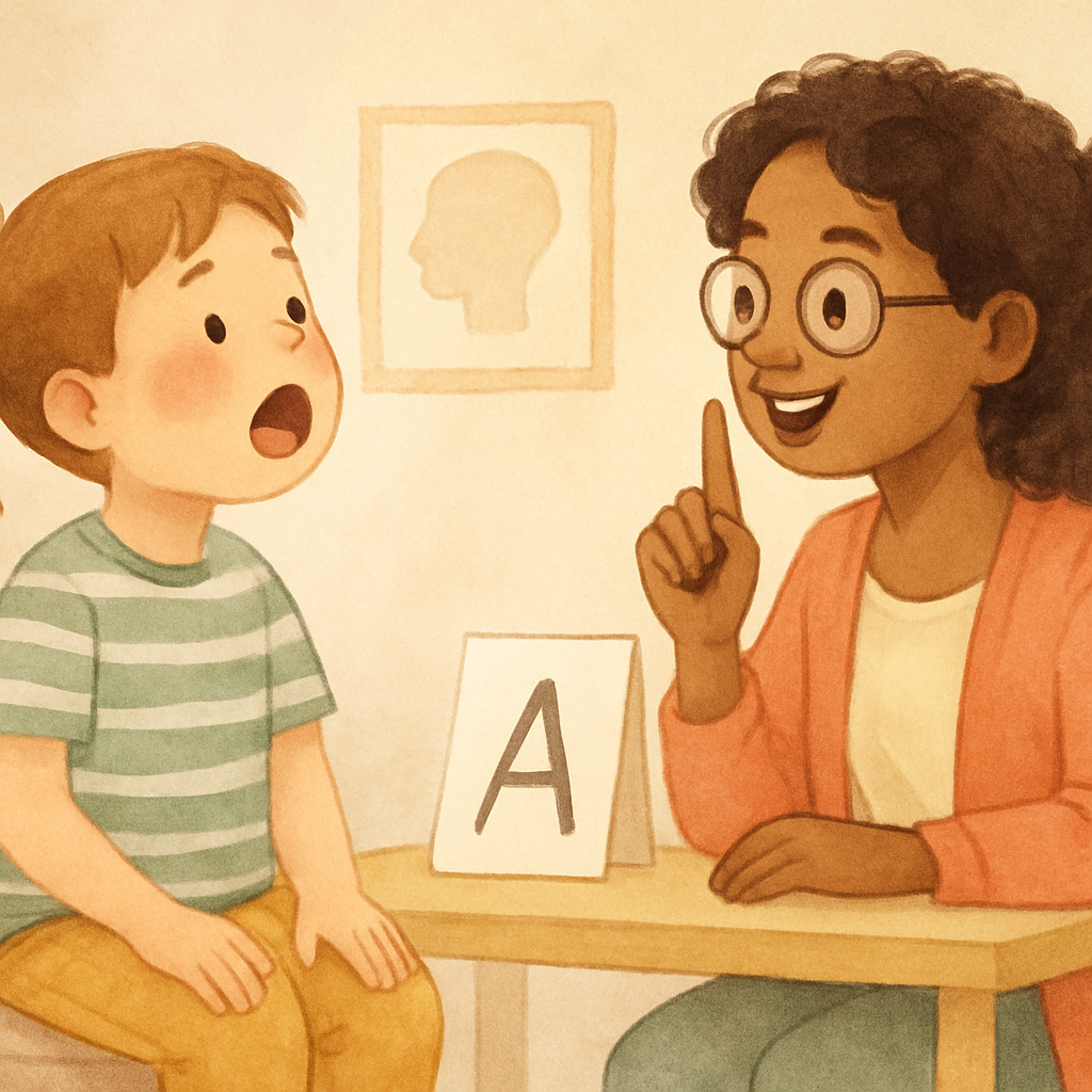 Therapist demonstrating mouth positioning to help a child pronounce difficult sounds.