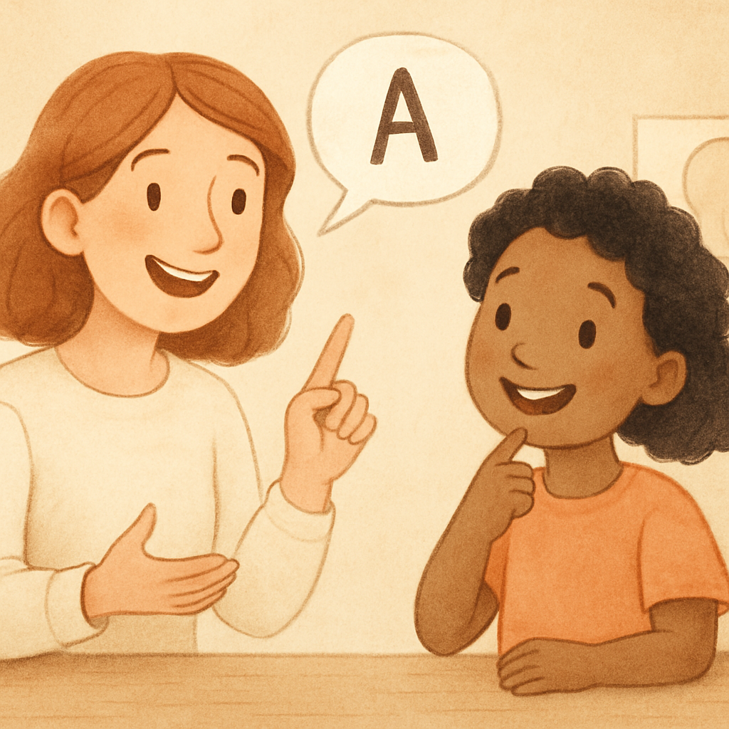 A speech-language pathologist helping a client slow down their speech during a therapy session.