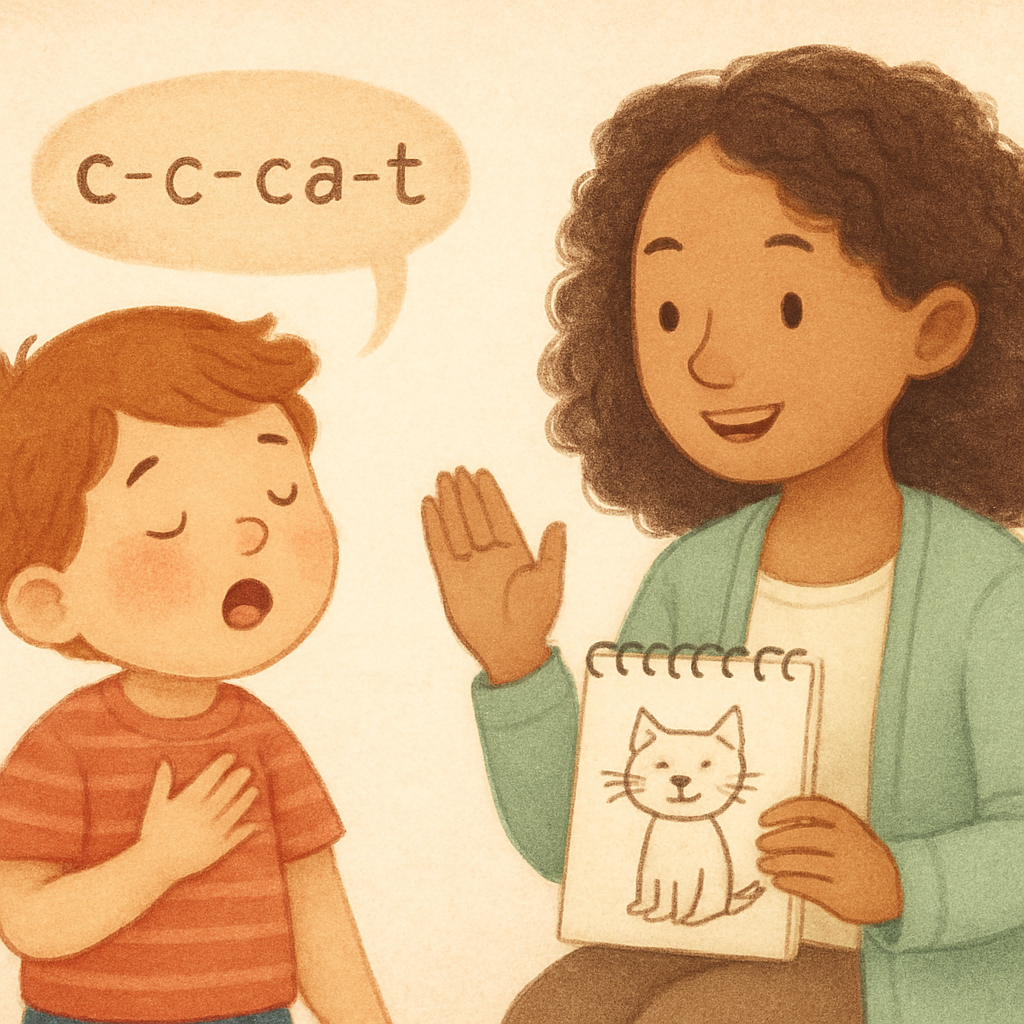 A child pausing while speaking during a conversation with a supportive adult.