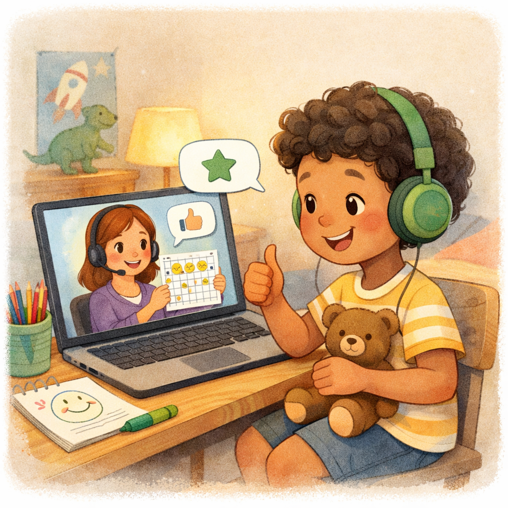 Child earning digital stickers on a shared screen reward chart during a virtual behavior therapy session.