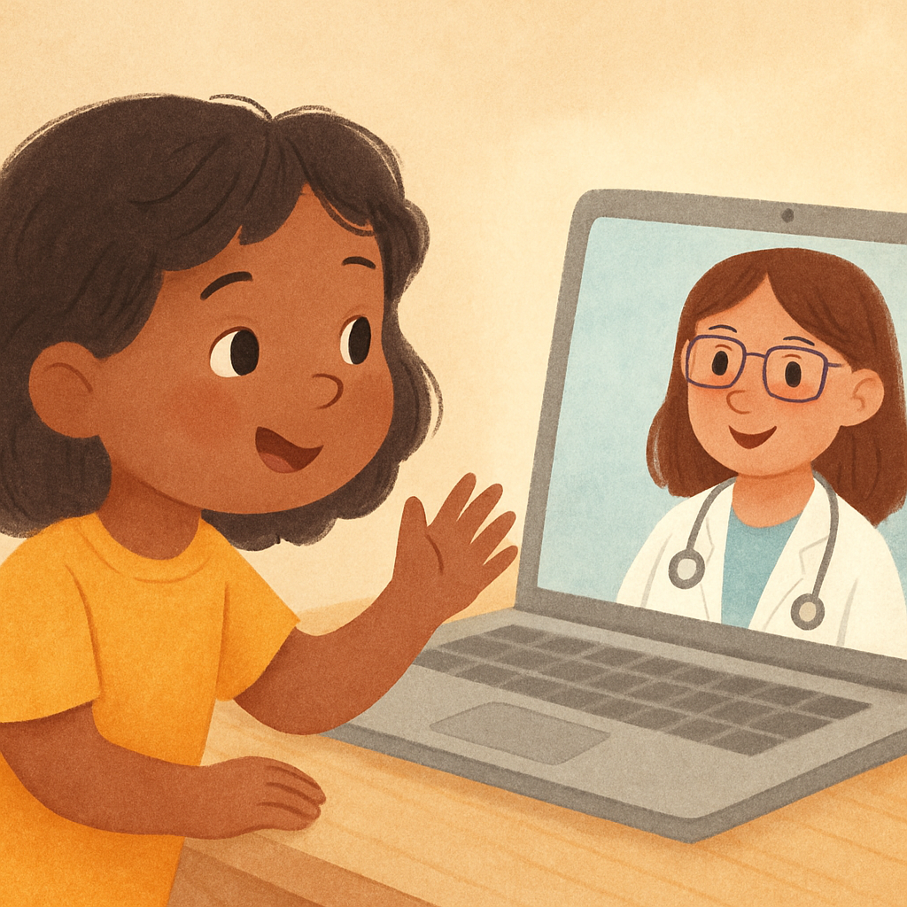 Child participating in an online therapy session with a healthcare professional.