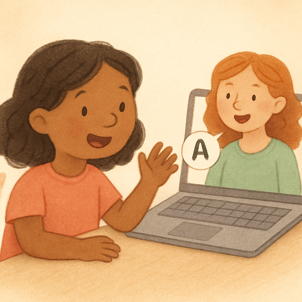 Speech therapist using digital visual aids in a telehealth session.