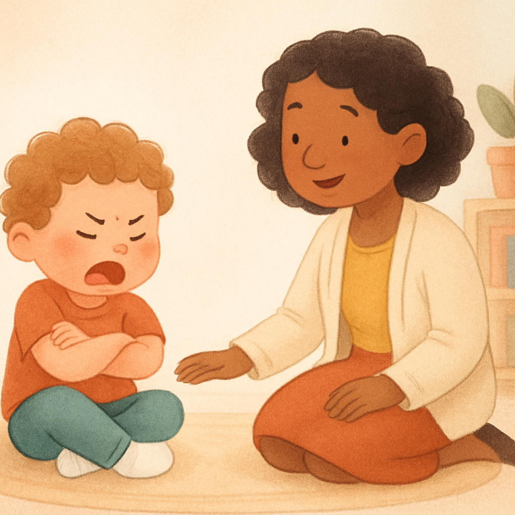 A toddler sitting on the floor with arms crossed, while a therapist kneels nearby offering calm support.