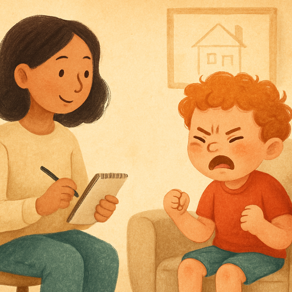 Therapist calmly supporting an angry child during an emotional outburst.