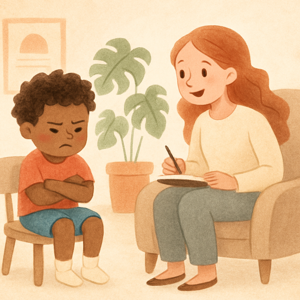 Therapist guiding a child through positive behavior strategies during a therapy session.